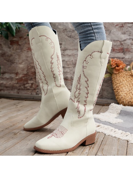 Women Fashion Plus Size V-Mouth Embroidery High Boots