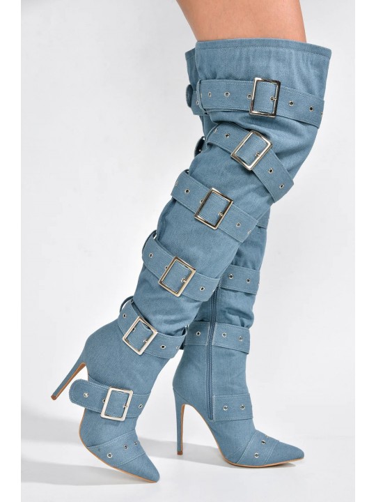 Women Fashionable High Heel Buckle-Detail Over-The-Knee Boots