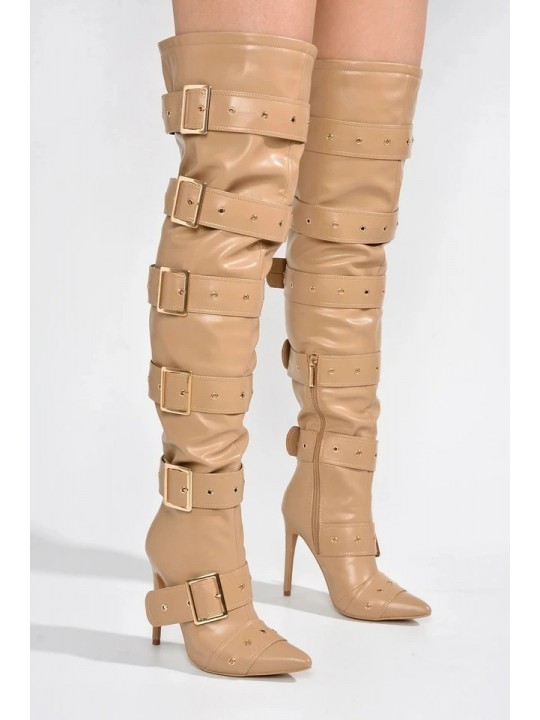 Women Fashionable High Heel Buckle-Detail Over-The-Knee Boots