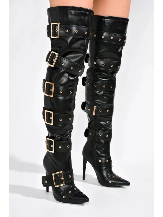 Women Fashionable High Heel Buckle-Detail Over-The-Knee Boots