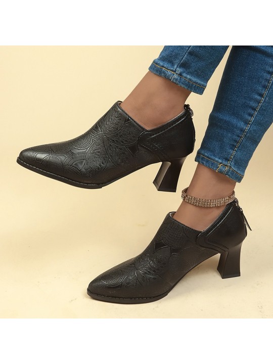 Women Fashion Plus Size English-Style Pointed Toe Embossed Mid-Heel Short Boots