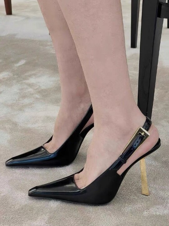 Women Fashionable Simple Patent Leather Point-Toe Toe Hollow-Out Heel Pumps