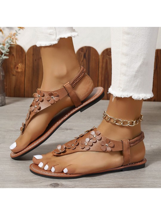 Women Fashion Plus Size Floral Round Toe Flat Thong Sandals