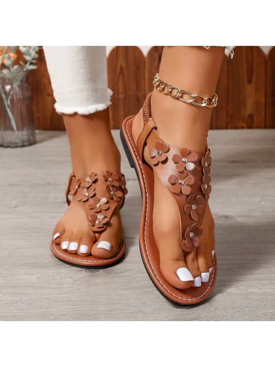 Women Fashion Plus Size Floral Round Toe Flat Thong Sandals