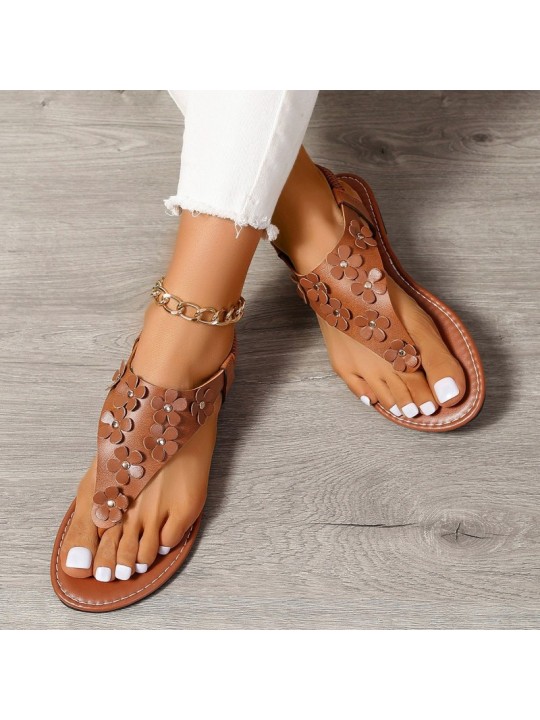 Women Fashion Plus Size Floral Round Toe Flat Thong Sandals