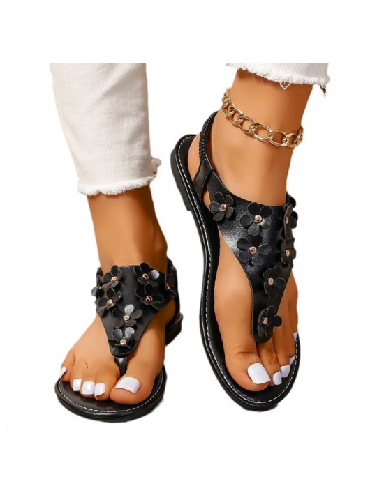 Women Fashion Plus Size Floral Round Toe Flat Thong Sandals