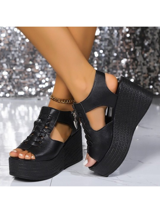 Women Fashion Solid Color Plus Size Peep Toe Thick-Soled Side Zipper Sandals