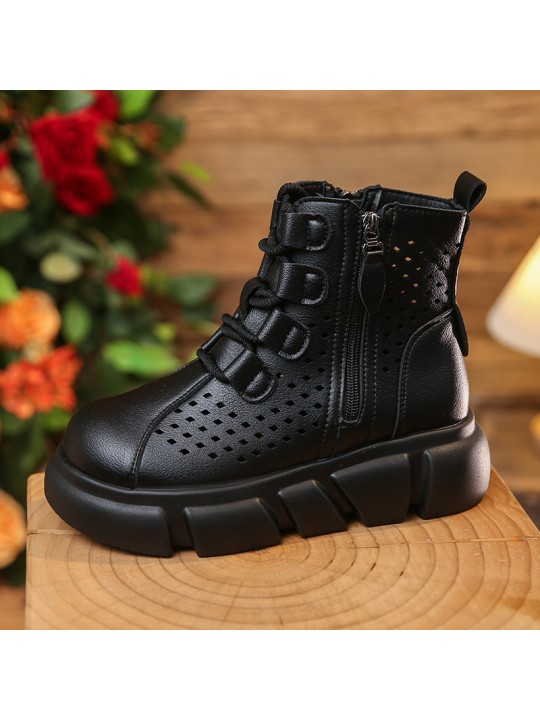 Women Fashion Retro Round Toe Side Zipper Thick-Soled Hole Short Boots