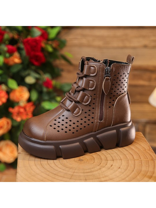 Women Fashion Retro Round Toe Side Zipper Thick-Soled Hole Short Boots