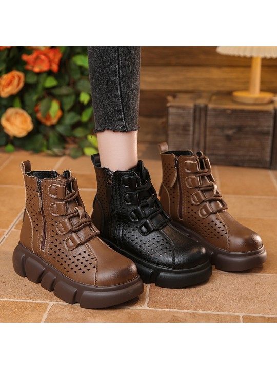 Women Fashion Retro Round Toe Side Zipper Thick-Soled Hole Short Boots