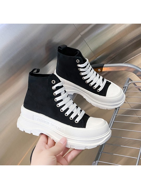 Women Casual Solid Color Thick-Soled High-Top Canvas Sneaker