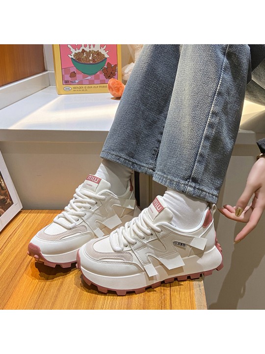 Women Casual Fashion Color Block Letter Round Toe Thick-Soled Lace-Up Sneaker