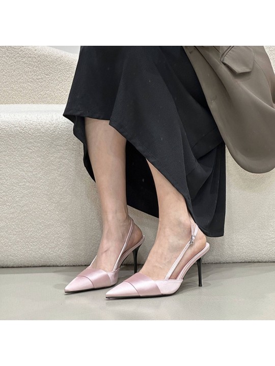 Summer Women Fashion Silk Satin Pointed Toe Heel Cut-Out High Heels