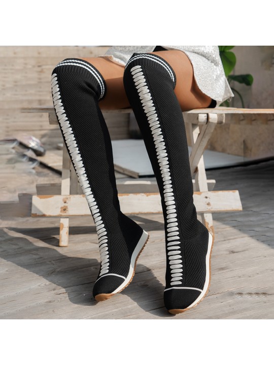 Women Fashion Plus Size Stretch Knitted Breathable Flat Over The Knee Boots