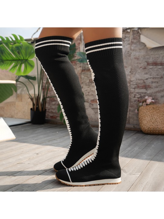 Women Fashion Plus Size Stretch Knitted Breathable Flat Over The Knee Boots