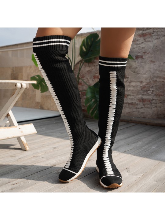 Women Fashion Plus Size Stretch Knitted Breathable Flat Over The Knee Boots