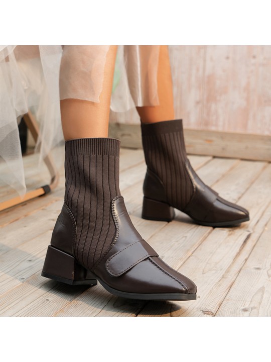 Women Casual Retro Plus Size Knitted Patchwork PU Short Boots