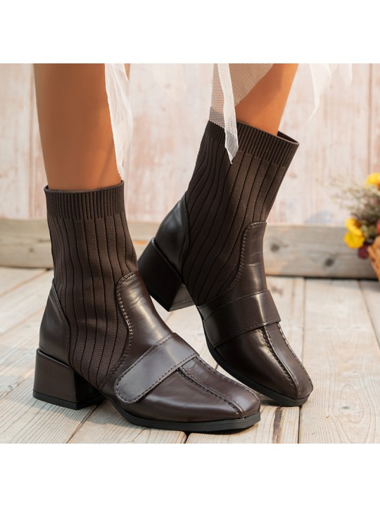 Women Casual Retro Plus Size Knitted Patchwork PU Short Boots