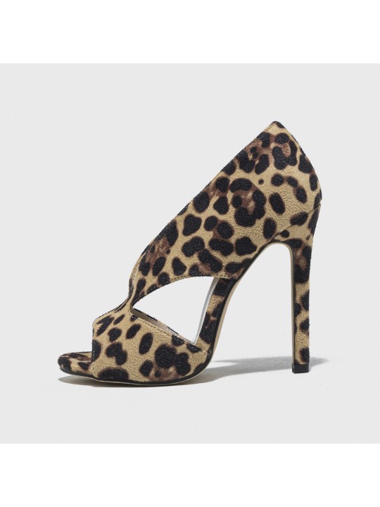 Women Fashion Sexy Plus Size Leopard Hollow Peep Toe High Heel Sandals