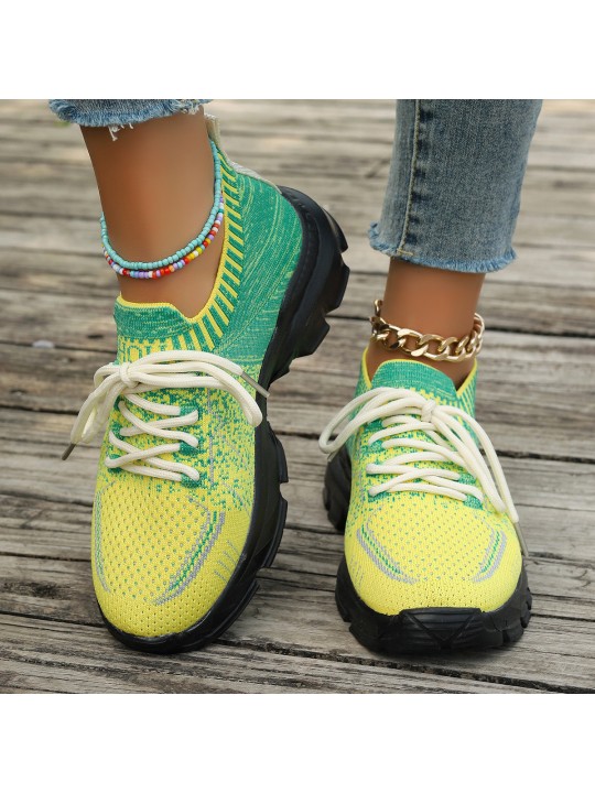 Women Fashion Casual Plus Size Mesh Flying Woven Breathable Lace-Up Sneaker