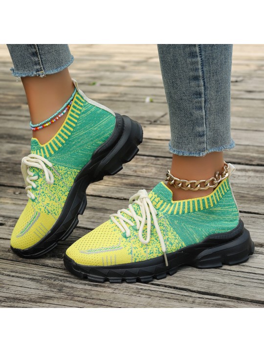 Women Fashion Casual Plus Size Mesh Flying Woven Breathable Lace-Up Sneaker