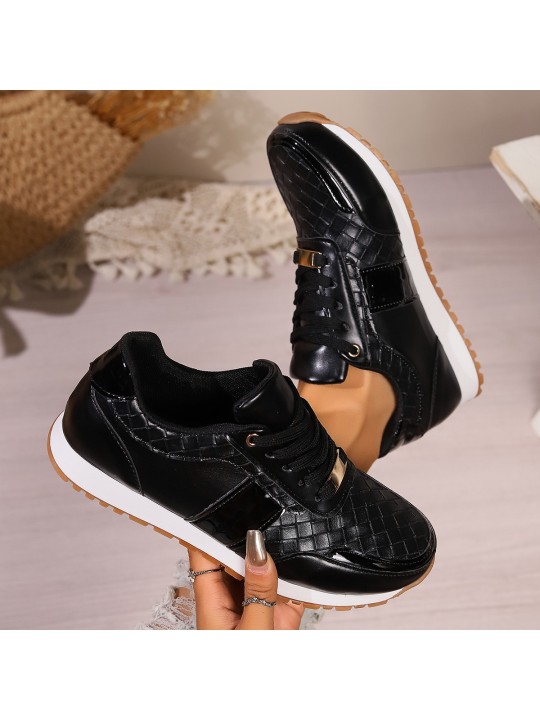 Women Fashion Casual Plus Size PU Woven Round Toe Thick-Soled Sneaker