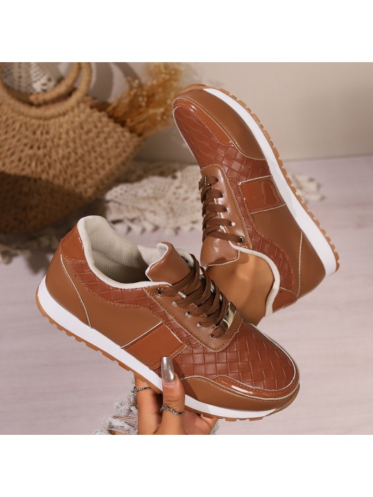 Women Fashion Casual Plus Size PU Woven Round Toe Thick-Soled Sneaker