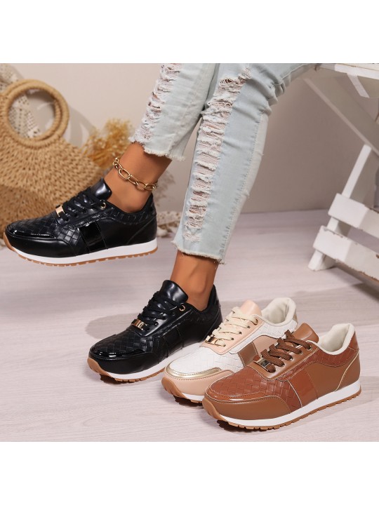 Women Fashion Casual Plus Size PU Woven Round Toe Thick-Soled Sneaker