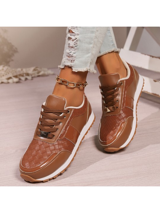 Women Fashion Casual Plus Size PU Woven Round Toe Thick-Soled Sneaker