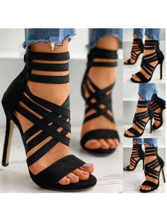 Plus Size Women Fashionable Solid Color Lace-Up High Heel Sandals